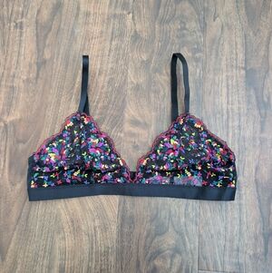 Savage X Fenty Large Black Lace Bralette with Multicolor Floral Embroidery